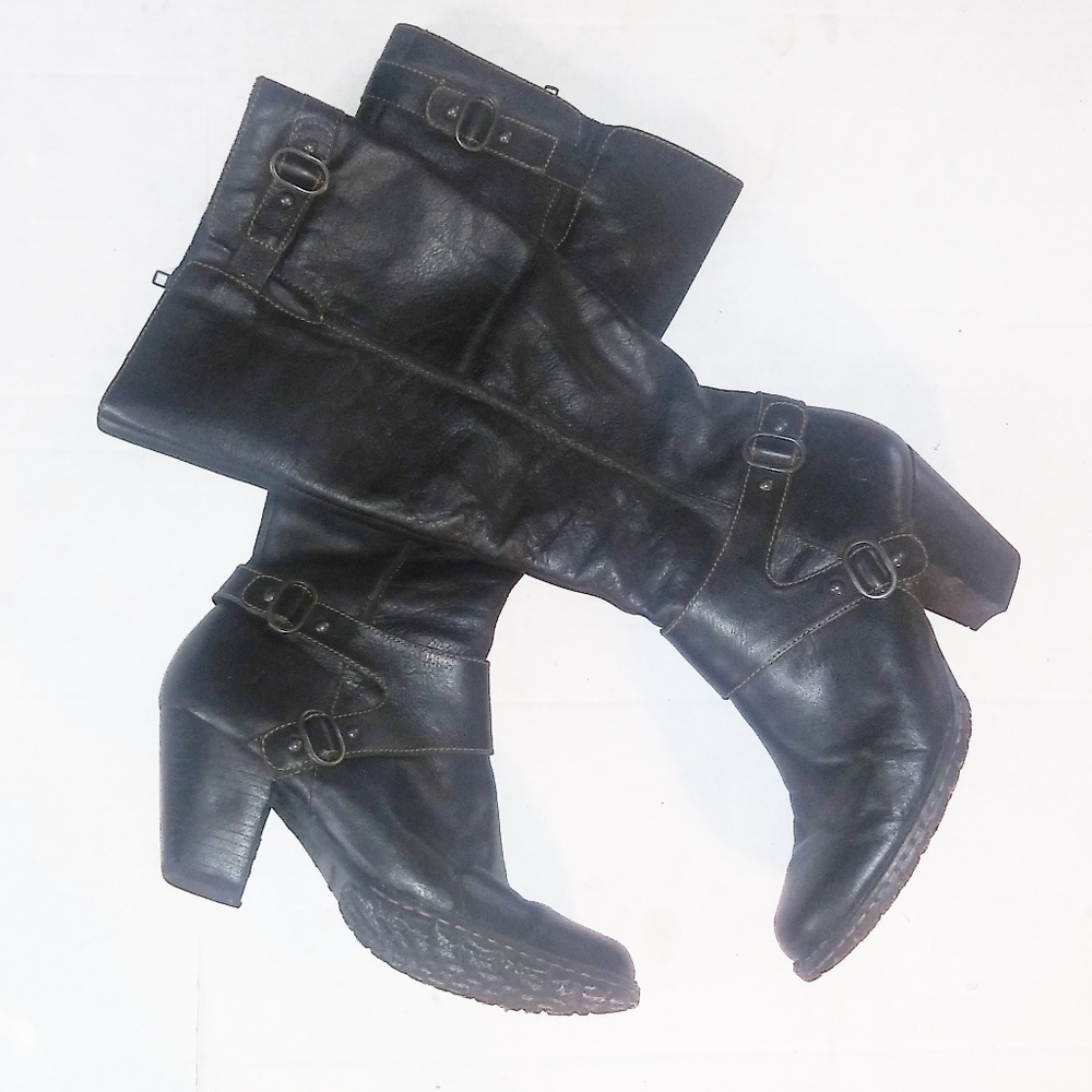 Born Black Knee High Boots Leather Buckle Zip 7.5